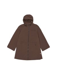 Parka marrón largo con capucha, cierre frontal, dos bolsillos delanteros y un pequeño bolsillo en el pecho. Hecho de un material suave y resistente al agua.