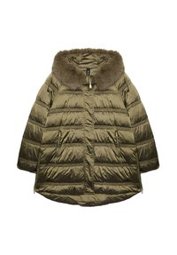 Kurtka puchowa w oliwkowym kolorze z kapturem wyściełanym futrem, zapinana na zamek z przodu oraz z bocznymi kieszeniami. Charakteryzuje się pikowaną teksturą i wydłużonym tylnym rąbkiem.