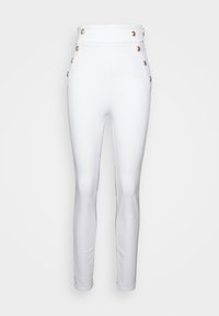 Valkoiset korkea vyötäröiset housut, jotka on valmistettu joustavasta kankaasta. Vyötäröllä on kultaiset napit ja sivutaskut. Slim fit -malli lahkeissa.