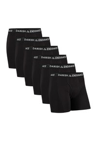 Svarta boxerkalsonger i ett paket med sex, med svart midjeband och vit "DANISH ENDURANCE" logotyp, tillverkade av mjukt stretchmaterial.