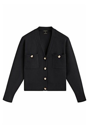 Black knit cardigan with long sleeves, V-neck, two front pockets, and six gold buttons down the front.