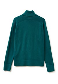 Türkiser Rollkragenpullover aus strukturiertem Strickstoff. Verfügt über lange Ärmel und ein tailliertes Design mit gerippten Bündchen und Saum.