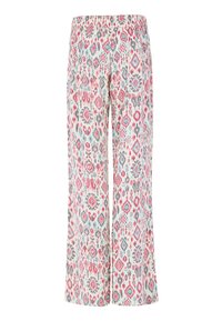 Geprinte broek met een stretchy tailleband. De stof toont een levendig geometrisch patroon in roze, blauw en grijs op een lichte achtergrond.