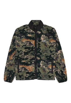 Fleecejack met een camouflagepatroon in groen, bruin en zwart. Voorzien van een hoge kraag, frontzak met rits en twee zijzakken.