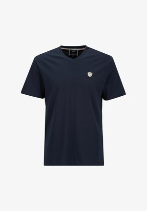 Marineblauw, korte mouw t-shirt met V-hals. Bevat een klein, lichtgekleurde logo op de borst en heeft een gladde, zachte textuur.
