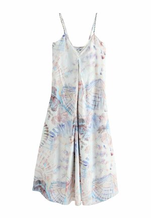 Ärmelloses weißes Kleid mit pastellfarbenen Muschel- und Korallenmustern, V-Ausschnitt und dünnen Schulterriemen.