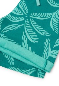 Tessuto turchese con motivo a foglie in azzurro chiaro. Texture morbida con dettagli di orlo arrotolato. Il materiale è elastico e leggero.