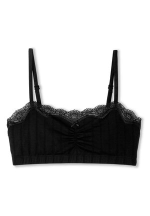 Zwarte bralette met een kanten rand, textuurstof, verstelbare bandjes en een geplooid middenstuk. Eenvoudig ontwerp dat geschikt is voor layering.