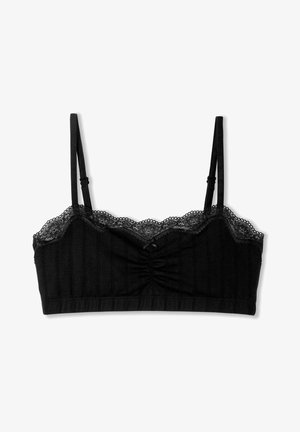 Black bralette with a lace trim, textured fabric, adjustable straps, and a gathered center detail. Simple design suitable for layering.