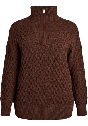 Brown knitted sweater with a high collar and a quarter zip. Features a textured pattern and ribbed hem and cuffs. Warm and cozy appearance.