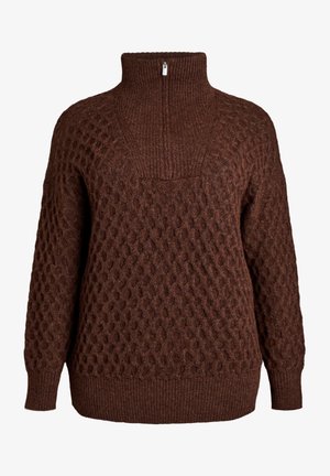 Brown knitted sweater with a high collar and a quarter zip. Features a textured pattern and ribbed hem and cuffs. Warm and cozy appearance.
