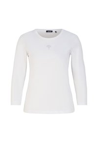 White long-sleeve shirt with a round neckline, featuring a small decorative rhinestone pattern at the center front. Soft cotton material.