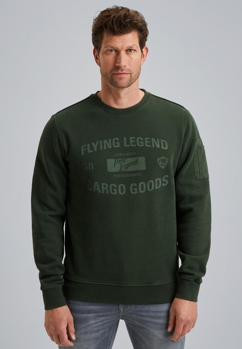 Donkergroene sweatshirt met ronde hals en lange mouwen. Voorzien van een bedrukte logo en tekst aan de voorkant. Gemaakt van een gestructureerde stof.