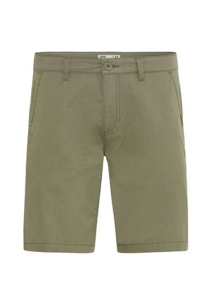 Shorts verts olive en coton. Comprend une fermeture à bouton, des passants de ceinture et des poches latérales. Texture lisse et design droit.