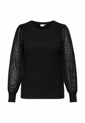 Top nero a costine con maniche a sbuffo trasparenti caratterizzato da un motivo leopardato. Il design è completato da un collo a giro e polsini aderenti.
