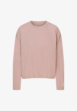 Light pink long-sleeve shirt made of soft cotton. Features a crew neck, relaxed fit, and straight hem with minimal stitching details.