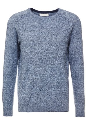Langärmliger Rundhals-Pullover in Blau mit melierten Stricktexturen und gerippten Bündchen und Saum.