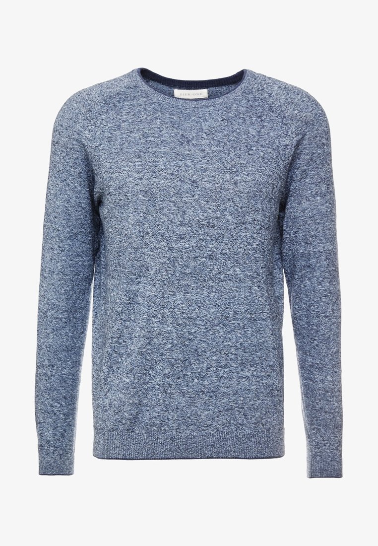 Långärmad tröja med rundad halsringning i blått med en melerad stickad struktur och ribbade ärmslut och nederkant.