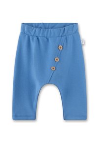 Helle blaue Baumwollshorts mit einem elastischen Bund, seitlichem Knopfverschluss und einer lockeren Passform für Komfort. Mit drei Holzknöpfen.