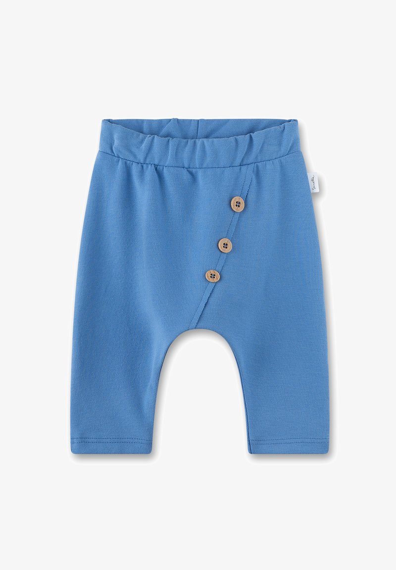 Helle blaue Baumwollshorts mit einem elastischen Bund, seitlichem Knopfverschluss und einer lockeren Passform für Komfort. Mit drei Holzknöpfen.