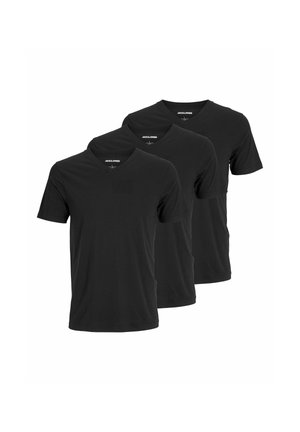 Sorte bomulds V-hals t-shirts med korte ærmer og regular fit, præsenteret i en pakke med tre. Glat tekstur, ingen mønstre eller dekorationer.