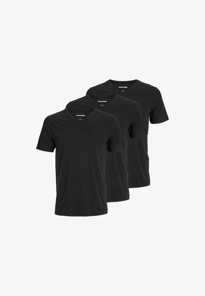 Black cotton v-neck t-shirts, featuring short sleeves and a regular fit, displayed in a pack of three. Smooth texture, no patterns or accents.
