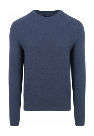 Navyblauwe gebreide trui met een ronde hals, lange mouwen en een geweven patroon over de hele trui. Afgewerkt met geribbelde mouwen en onderkant.