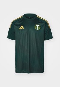 Groen voetbalshirt van lichtgewicht stof met een gladde textuur. Bevat gouden strepen op de schouders en een teamlogo op de borst.