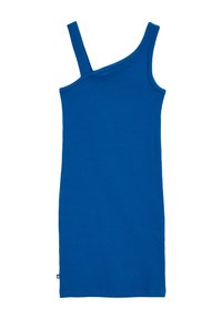 Mėlyna juostelėta suknele su viena petneša, prie kūno prigludusio dizaino ir ilgio iki vidurio šlaunų. Paprasta ir vientisa tekstūra be jokių papildomų puošmenų.