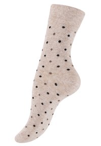 Calzino lavorato a maglia color beige con una finitura testurizzata, caratterizzato da un motivo di punti neri e accenti marrone chiaro. Tallone curvo e punta rinforzata.