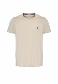 T-shirt in cotone beige con scollatura rotonda, maniche corte e un piccolo logo ricamato sul lato sinistro del petto. Tessuto liscio, design casual.