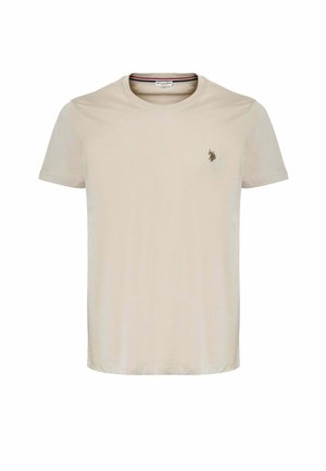T-shirt in cotone beige con scollatura rotonda, maniche corte e un piccolo logo ricamato sul lato sinistro del petto. Tessuto liscio, design casual.