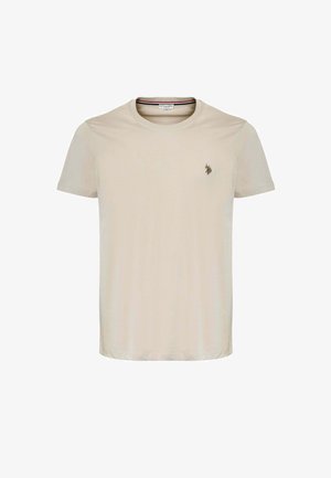 T-shirt in cotone beige con scollatura rotonda, maniche corte e un piccolo logo ricamato sul lato sinistro del petto. Tessuto liscio, design casual.