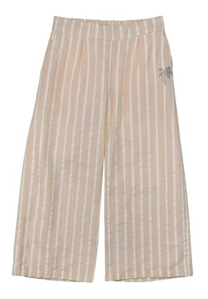 Wide-leg pants with beige and white vertical stripes, featuring a small rhinestone palm tree detail on the right hip.