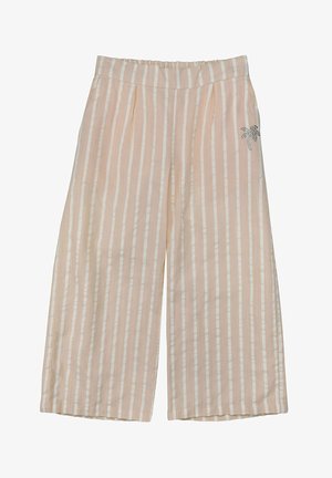 Wide-leg pants with beige and white vertical stripes, featuring a small rhinestone palm tree detail on the right hip.