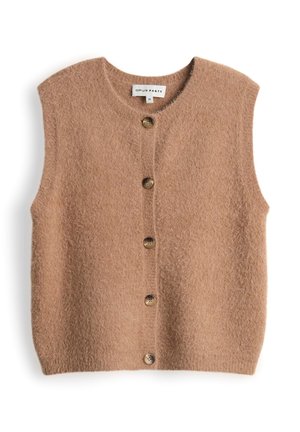 Beige ärmelloser Pullover aus weichem Material, mit fünf Knöpfen auf der Vorderseite und einem runden Ausschnitt. Strukturierter Stoff mit einer gemütlichen Optik.