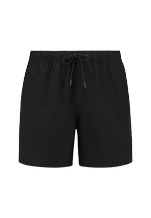 Pantaloni da bagno neri con vita elastica, cordoncino regolabile e piccolo logo sul lato sinistro; tessuto liscio.