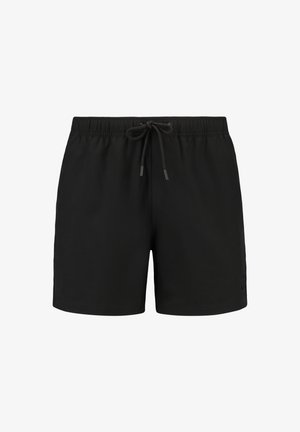 Pantaloni da bagno neri con vita elastica, cordoncino regolabile e piccolo logo sul lato sinistro; tessuto liscio.