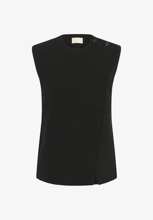 Top sans manches noir en tissu lisse ; présente un col haut, un design asymétrique et deux boutons sur l'épaule.