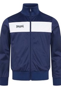 Marineblaues Zip-Jackett mit einem weißen horizontalen Streifen über der Brust, ausgestattet mit gerippten Bündchen und einem Stehkragen. Logo auf der Brust.