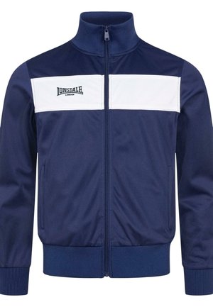 Navy blue zip-up jacket with a white horizontal stripe across the chest, featuring ribbed cuffs and a stand-up collar. Logo on chest.