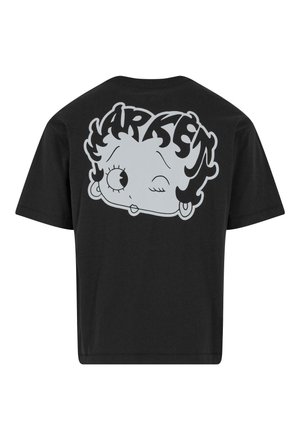 Zwarte katoenen t-shirt met een grote, grijze cartoonafbeelding van een personage met golvend haar en een knipoog op de achterkant. Korte mouwen, losse fit.