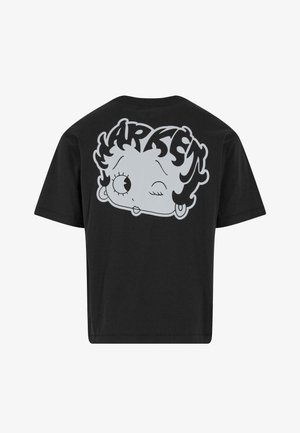Schwarz Baumwoll-T-Shirt mit einem großen, grauen Cartoon-Grafik eines Charakters mit welligem Haar und einem Zwinkern auf der Rückseite. Kurze Ärmel, lockere Passform.