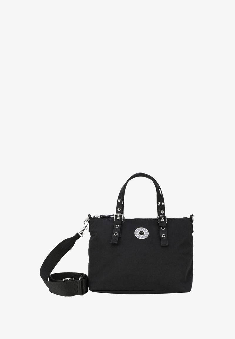 Borsa a tracolla in nylon nero con manici superiori doppi e tracolla regolabile. Distintivi dettagli in metallo argentato e logo circolare sulla parte frontale.