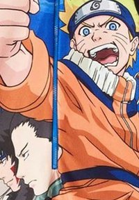 Hoodie zippé orange mettant en vedette des personnages d'un anime. Le design inclut un col montant et des accents bleus, avec des expressions faciales détaillées.