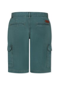 Shorts cargo en tissu teal, avec une coupe droite, deux poches arrière et des poches cargo latérales, présentant une surface texturée et des coutures visibles.