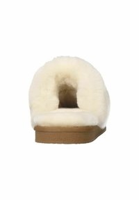 White, fluffy slipper with a rounded, open back and a textured tan sole. Soft interior lining for comfort. Simple and functional design.
