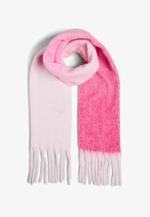 Różowy i jasnoróżowy szalik w gradient z frędzlami, wykonany z miękkiego materiału, charakteryzujący się gładką strukturą i subtelnym wzorem.