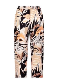Blumige Hosen mit einem elastischen Bund, die einen schwarzen Hintergrund und abstrakte Blätter in Beigetönen und Pfirsich präsentieren. Die Hosen haben seitliche Taschen.