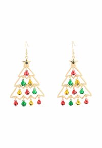 Ohrringe in Goldfarbe in Form eines Weihnachtsbaums mit bunten roten, grünen und gelben Glocken, einem Sternakzent an der Spitze und einem Zickzack-Design.